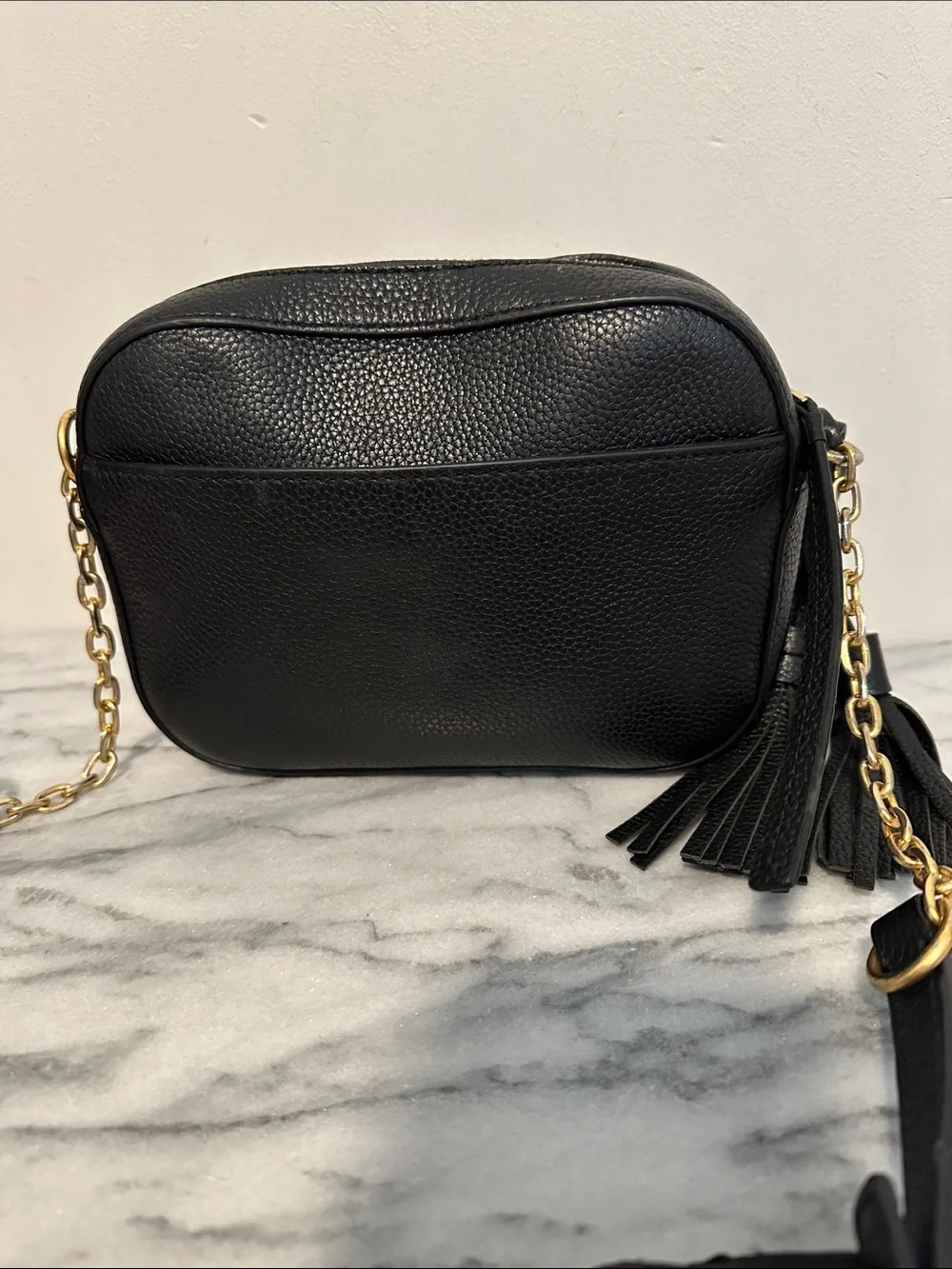 Tory Burch McGraw Black Pebbled Leather Camera Crossbody Bag Tassel